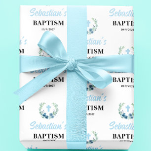 Papier Cadeau Baptême floral garçon bleu