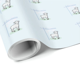 Papier Cadeau Baptême Garçon Agneau Bleu, Personnalisable