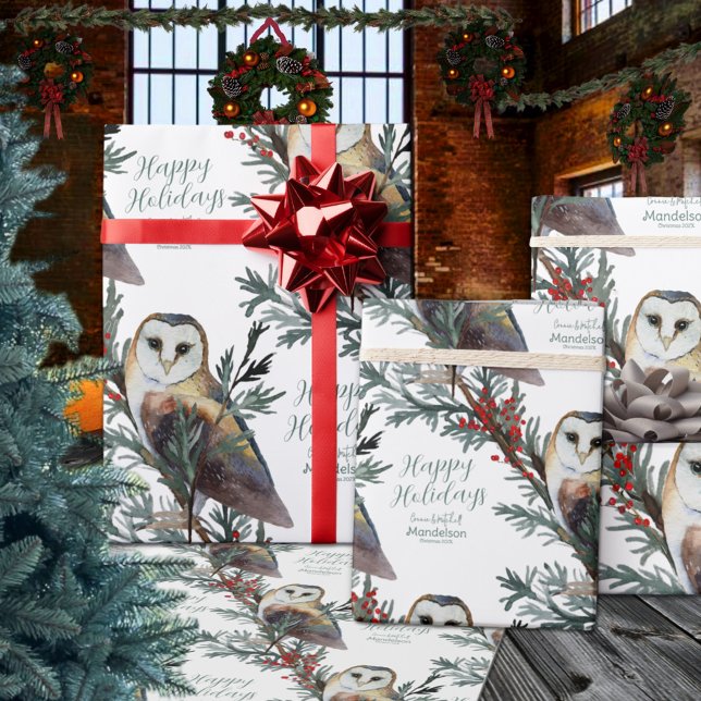 Papier Cadeau Barn Owl In The Woods Ajouter Le Nom Joyeux Vacanc (Barn Owl In The Woods Add Name Happy Holidays Christmas Wrapping Paper Rolls)