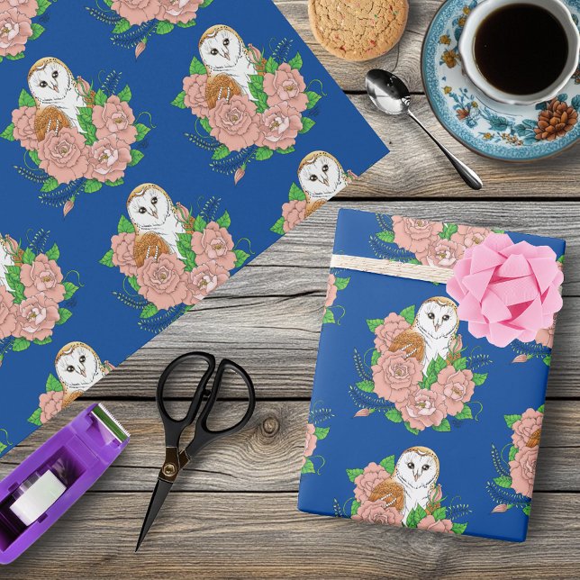 Papier Cadeau Barne Chouette Fleurs roses Bleu (Créateur téléchargé)