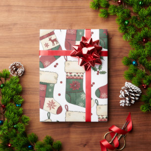 Papier Cadeau Bas de Noël patchwork rouge vert blanc