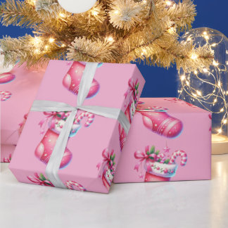 Papier Cadeau Bas de Noël rose pour les Fêtes de Noël 