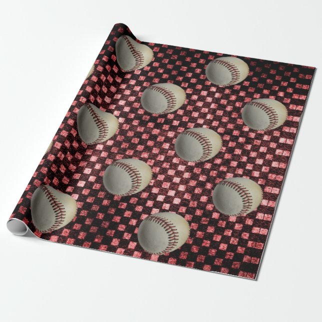Papier Cadeau Base-ball sur l'arrière - plan rouge de damier (Déroulé)