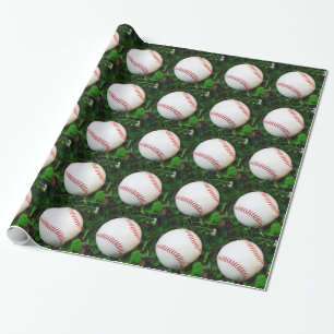 Papier Cadeau Baseball blanc avec points rouges