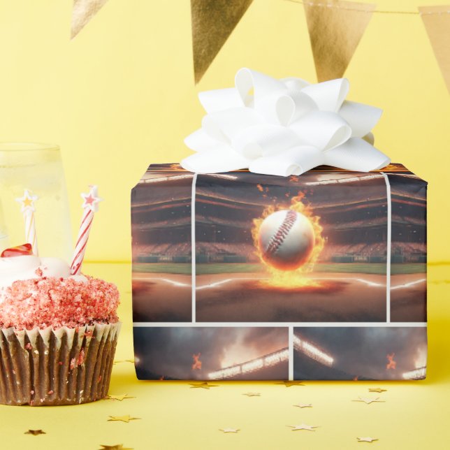 Papier Cadeau Baseball enflammé dans un stade (Fête d'anniversaire)