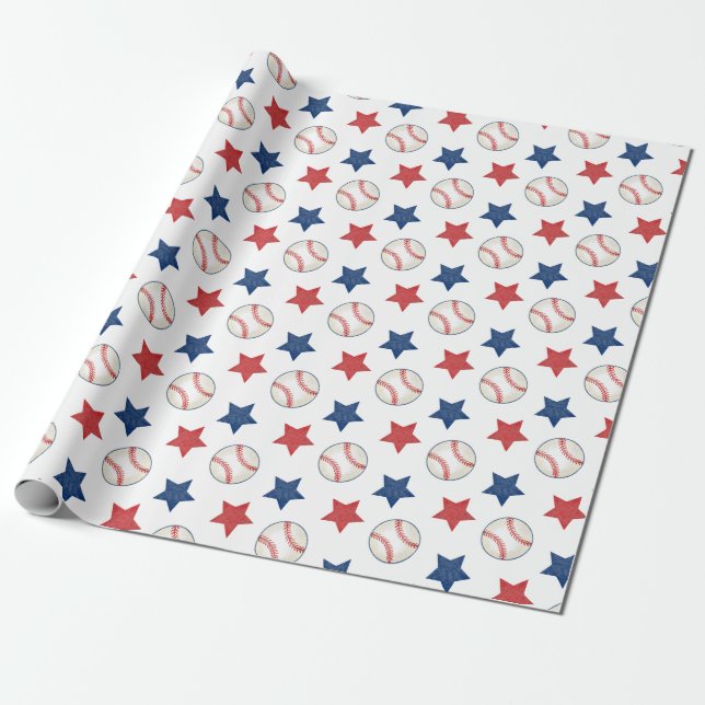 Papier Cadeau Baseball et étoiles Rouge Blanc et bleu Motif (Déroulé)