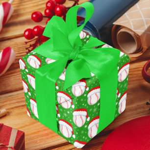 Papier Cadeau Baseball portant le chapeau de Santa et flocons de