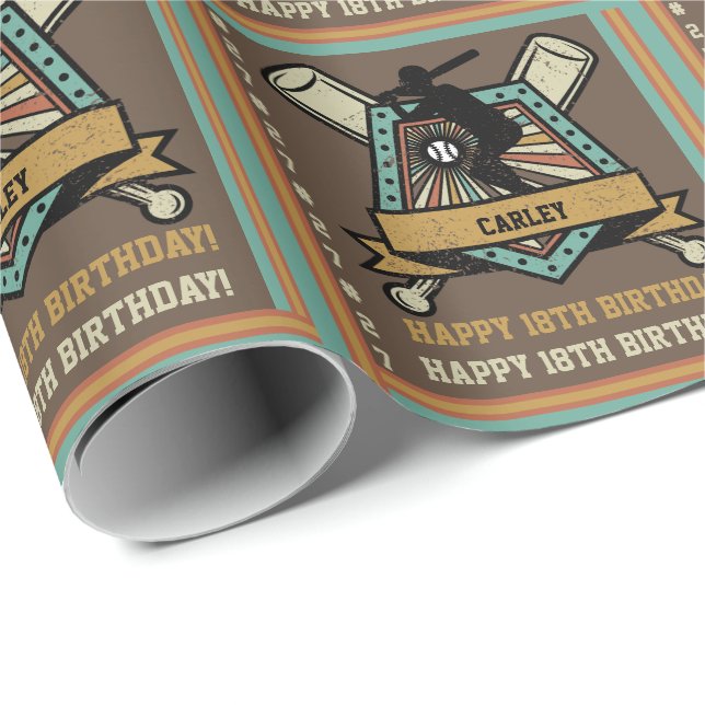 Papier Cadeau Baseball Softball Nom Numéro d'âge Anniversaire (Coin rond)