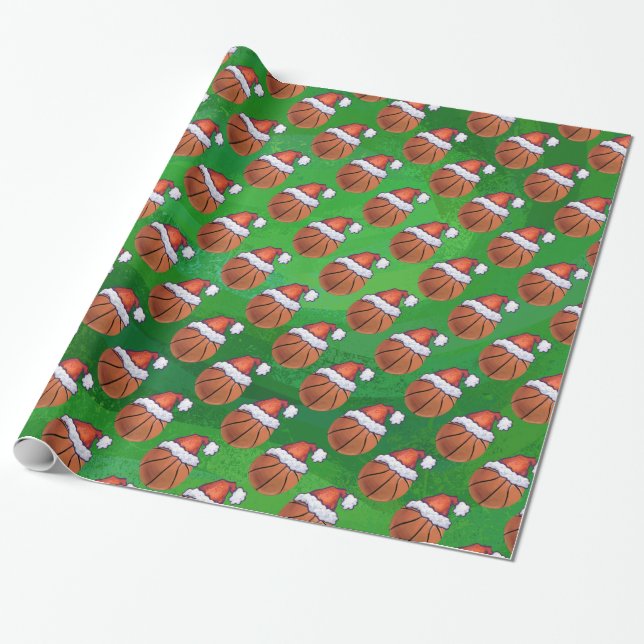 Papier Cadeau Basket-ball de Santa Hat sur Green (Déroulé)