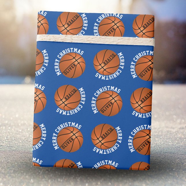 Papier Cadeau Basketball Balls Enfants Nom Bleu Joyeux Noël (Créateur téléchargé)