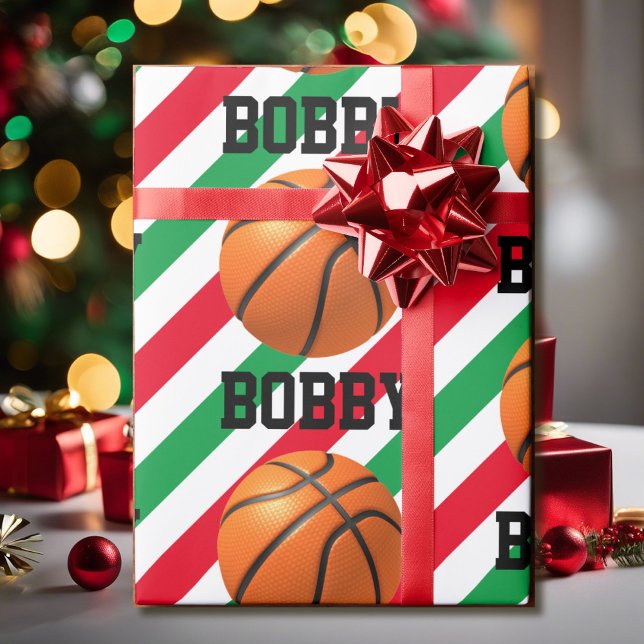 Papier Cadeau Basketball Noël Ajouter le nom Bande rouge n vert (Créateur téléchargé)