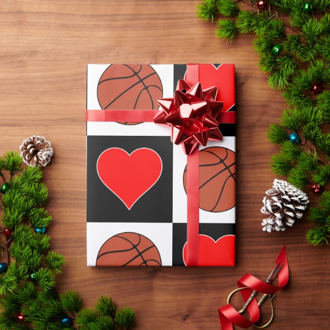 Papier Cadeau Basketballs & Coeurs Motif de chèques noir et blan (Cadeau de vacances)