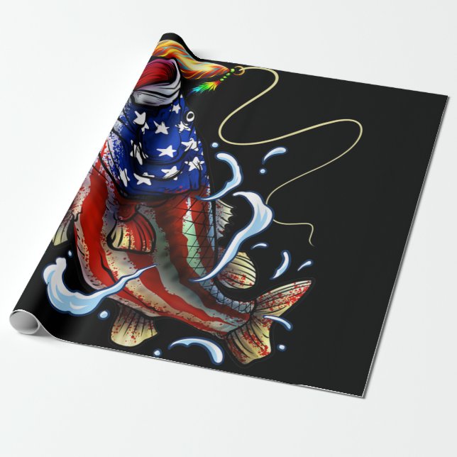 Papier Cadeau Basse Pêche Poisson Drapeau américain Pêche patrio (Déroulé)