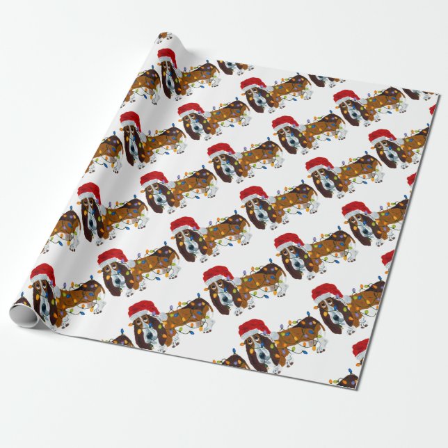 Papier Cadeau Basset empêtré dans les lumières de Noël (Déroulé)