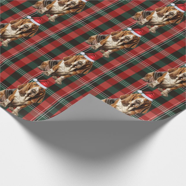 Papier Cadeau Basset Hound Chien rouge et vert Plaid Noël (Coin)