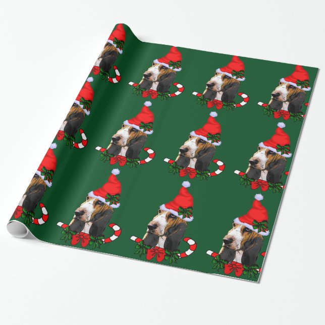 Papier Cadeau Basset Hound Santa Hat Noël (Déroulé)