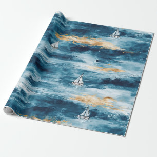 Papier Cadeau Bateau à voile sarcelle bleu motif vague côtière