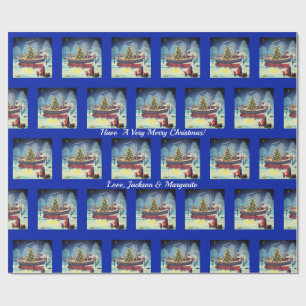 Papier Cadeau Bateau de Noël aux lumières et à la neige