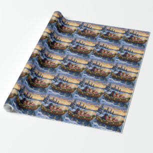 Papier Cadeau Bateau de Noël Bernedoodle pour les Fêtes