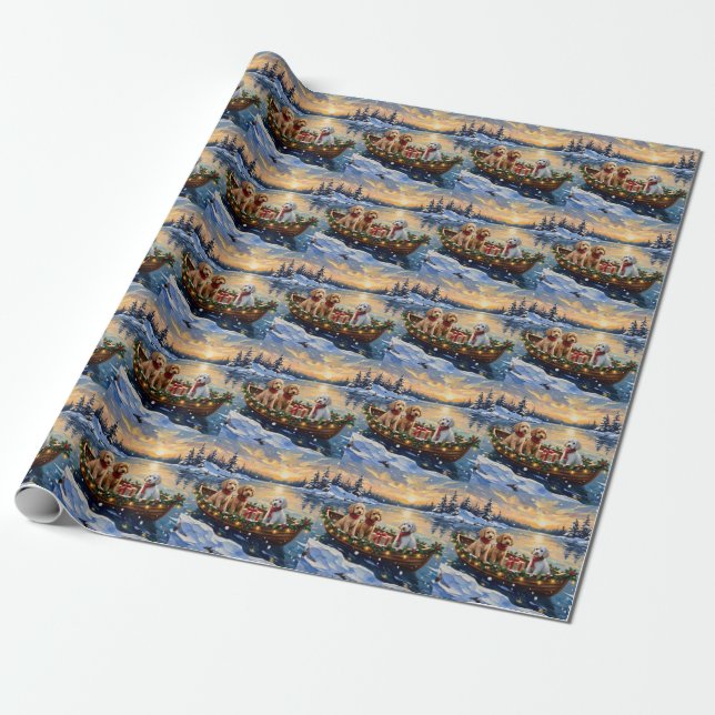 Papier Cadeau Bateau de Noël de Caniche Fêtes (Déroulé)