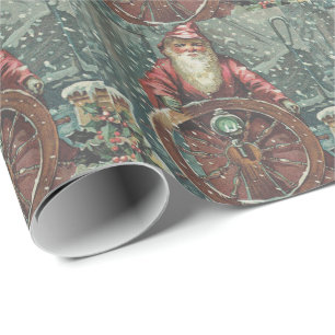 Papier Cadeau Bateau de Noël de Santa tempête de neige holly nau