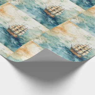 Papier Cadeau Bateau pirate vintage illustré avec une vieille ca