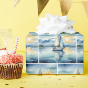 Papier Cadeau Bateau Watercolor Sur Le Lac Au Coucher Du Soleil