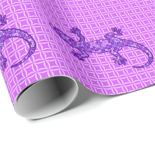 Papier Cadeau Batik Gecko (Tribal batik Gecko) violet et maudite (Coin rond)