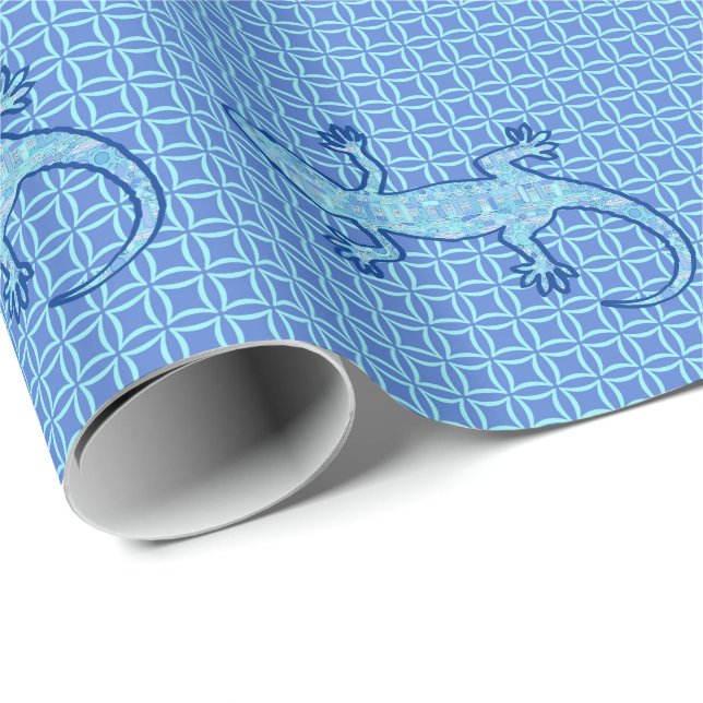 Papier Cadeau Batik Tribal Gecko - bleu denim doux (Coin rond)