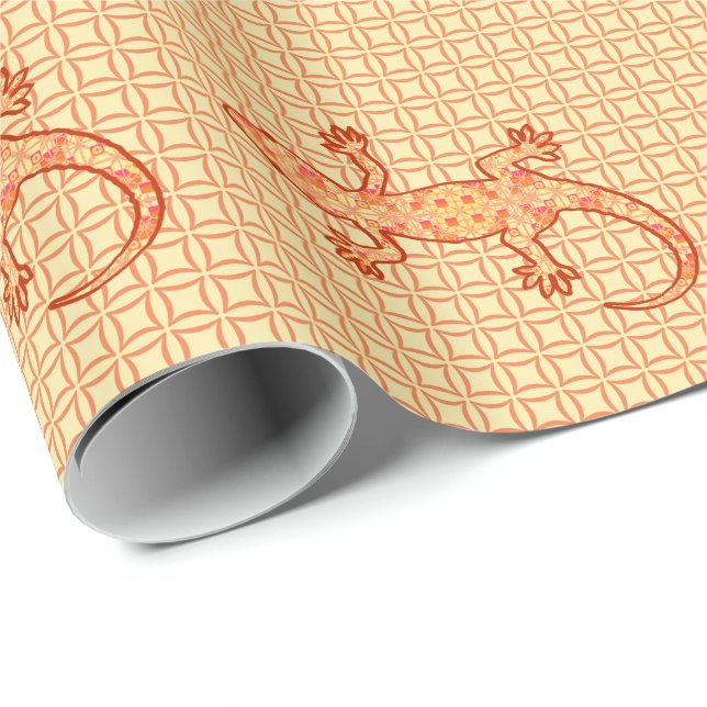 Papier Cadeau Batik tribal Gecko - corail et orange clair (Coin rond)
