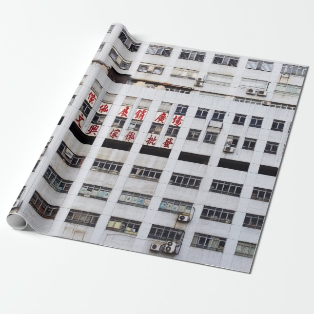 PAPIER CADEAU BÂTIMENT MULTISTORY GRAY AVEC SCRIPT ORIENTAL ROUG (Déroulé)