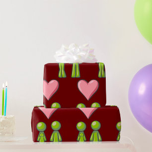 Papier Cadeau Bâton vert Figure Couple Rose Coeur amour