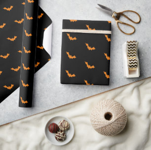 Papier Cadeau Bats d'Halloween orange sur noir