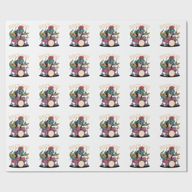 Papier Cadeau Batteur de dinosaure T-Rex Rock Punk - Percussion (Plat)