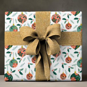 Papier Cadeau Baube de Noël Green Holly Red Poinsettia
