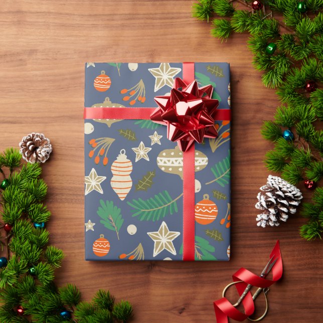 Papier Cadeau Baubles de Noël et Bleu de feuillage d'hiver (Cadeau de vacances)