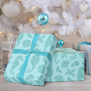 Papier Cadeau Beach Christmas Seahorse Motif Aqua Parties scinti