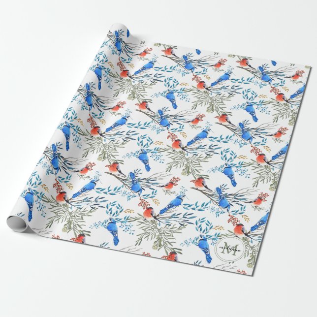 Papier Cadeau Beau Aquarelle Oiseaux et Motif de Foliage (Déroulé)