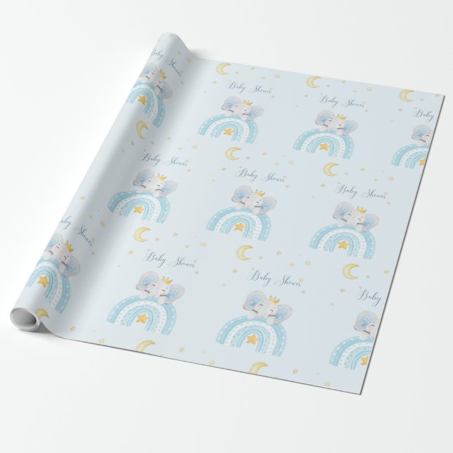 Papier Cadeau Beau baby shower bleu éléphant (Déroulé)