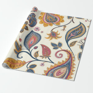 Papier Cadeau Beau bleu jaune Floral Motif Paisley