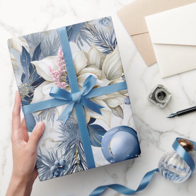 Papier Cadeau Beau Bleu Noël Baubles Fleurs de Noël (Cadeaux)