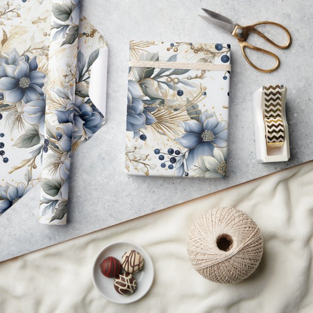 Papier Cadeau Beau Bleu Noël Baubles Fleurs de Noël (Artisanat)
