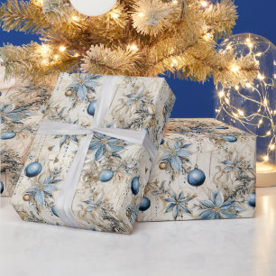 Papier Cadeau Beau Bleu Noël Baubles Fleurs de Noël