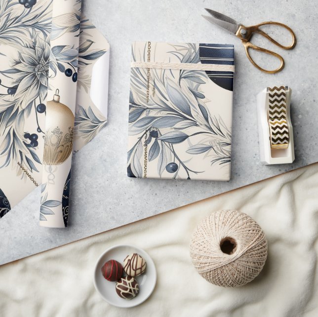 Papier Cadeau Beau Bleu Noël Floral Baubles (Artisanat)