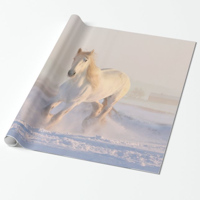 Papier Cadeau Beau Cheval Blanc Galloping dans la neige (Déroulé)