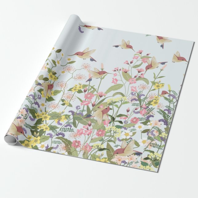 Papier Cadeau Beau colibri dans le jardin fleuri (Déroulé)