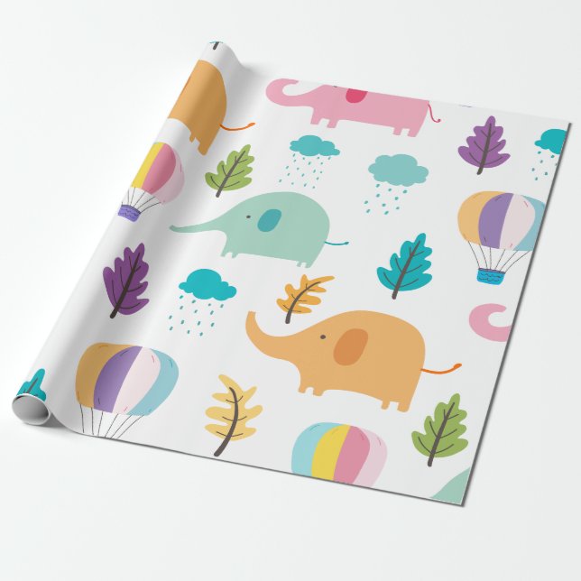 Papier Cadeau Beau dessin animé éléphants montgolfières et arbre (Déroulé)