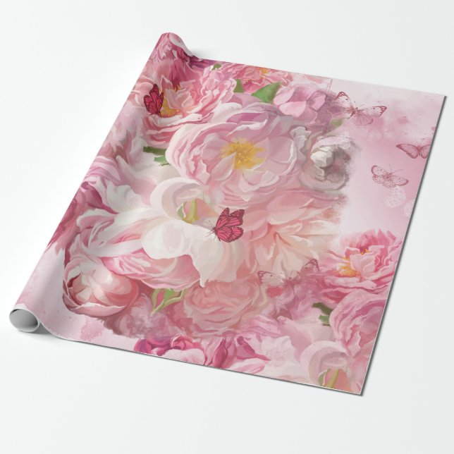 Papier Cadeau Beau jardin fleuri rose (Déroulé)