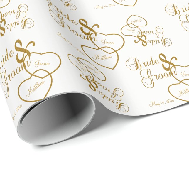 Papier Cadeau Beau Mariage blanc avec lettrage de script or (Coin rond)