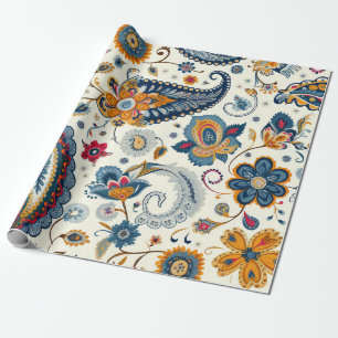 Papier Cadeau Beau Motif bleu jaune Paisley